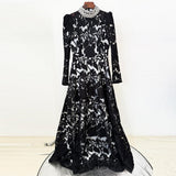 black mesh diamond embroidered maxi dress