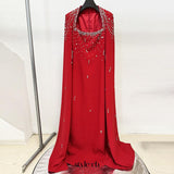 red nail bead chain shawl sleeves floor-length dress