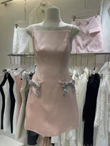 kelly rhinestone bow satin strappy mini dress in pink