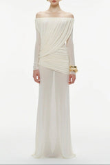 cara Off-shoulder long sleeve pleated mesh maxi dress in white