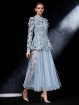 yvette blue Long Sleeve Folds Lace Butterfly Top And Skirt Two-Piece Set