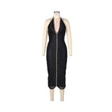 sherry halter rhinestone bandage tassel midi dress in black