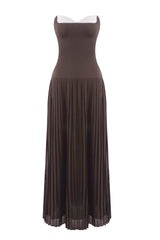 nelly pleated detail strapless maxi dress in brown