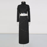 Button-embellished cotton-jersey top maxi skirt suit in black