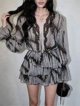 georgia Lace V-neck printed gold leather jacquard mini shirt dress - black