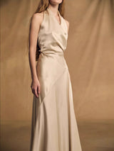 kay Champagne crepe bias-cut satin halter maxi dress