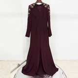 nail bead set diamond front slit small trailing long dress