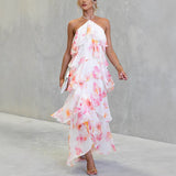 Floral Ruffle Halter Neck Midi Dress - pink