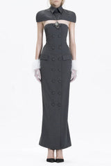 Double-breasted strapless sleeveless suit with lapel - grey