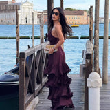lorraine Waist-cinching backless camisole cake maxi dress - burgundy