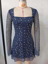 amanda navy Long Sleeve Rhinestone Mesh Mini Dress