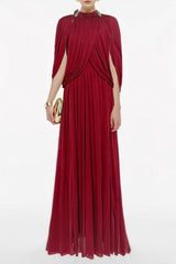 leona red Draped Cape Sleeve Knit Maxi Dress