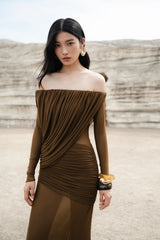 cara Off-shoulder long sleeve pleated mesh maxi dress in brown