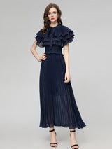 jocelyn ruffled pleated cape embellished midi dress - navy blue