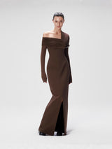 maud One-shoulder pleated high-slit maxi dress - brown