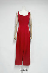 nicola square neck flower embroidery satin maxi dress in red