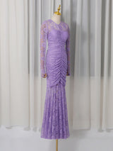 penny lace hollow ruched bodycon long sleeve maxi dress in purple