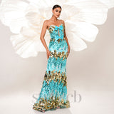 Bow Knot Tube Top Lace-up Sequin Dress in blue