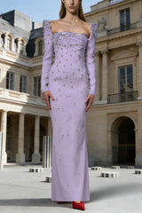 purple square neck long sleeve nail bead diamond maxi dress