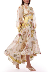 mary yellow print High-neck puff-sleeved top & full-skirted midi skirt