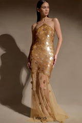 alva sequin Embellished backless Maxi Dress - Gold