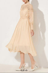 cecilia apricot Lantern sleeves openwork wavy trim midi dress