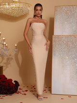 belen Pearl Beaded tube top maxi Dress in apricot