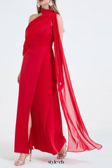 tammy Tailored One-Shoulder Detachable Collar Maxi Dress in red