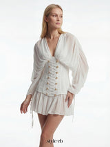 trista white V-neck mesh pleated cinched waist with belt