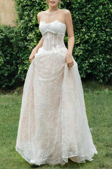 sally 3d butterfly waist-cinching Strapless lace maxi dress - white