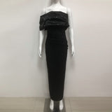 rosemary Black Pearl Embellished Draped strapless maxi dress