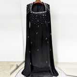 red nail bead chain shawl sleeves floor-length dress