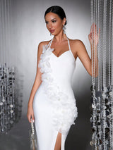 anila 3d floral halter high slit maxi dress in white