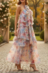 susie multicolor floral print layer halter midi dress
