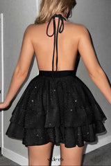 virginia A Line Halter Tiered mini Dress in black