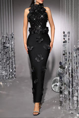 phoenix 3d flower sequin halter bandage maxi dress in black