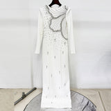 white long sleeve embellished maxi dress