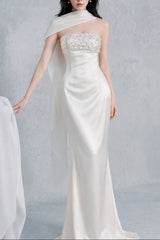sylvia rhinestone embellish strapless satin maxi dress - white