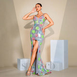 multicolor floral embellished silver sequin maxi dress