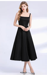 amelia square neck Satin Slip midi Dress - black