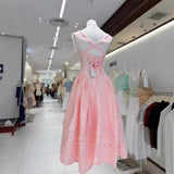xylia bowknot neck plaid sleeveless midi dress - pink
