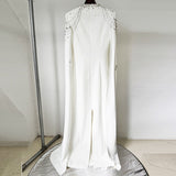 red nail bead chain shawl sleeves floor-length dress