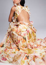 lynn floral print backless ruffle hem maxi dress