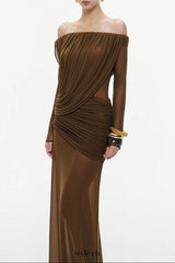 cara Off-shoulder long sleeve pleated mesh maxi dress in brown