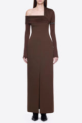 maud One-shoulder pleated high-slit maxi dress - brown