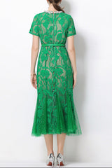 Rhinestone flower hollow lace fishtail midi dress - green