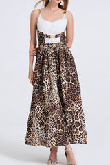 3D Embroidered Strappy Bustier Maxi Dress with Metal Buckles - leopard print