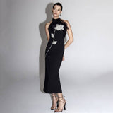 beatrice flower rhinestone feather halter Midi Dress in Black
