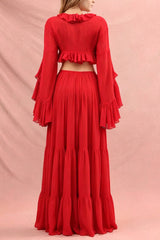 Ruffle cardigan crop top & maxi skirt set - red