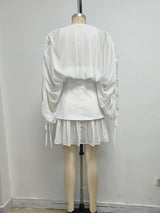 trista white V-neck mesh pleated cinched waist with belt